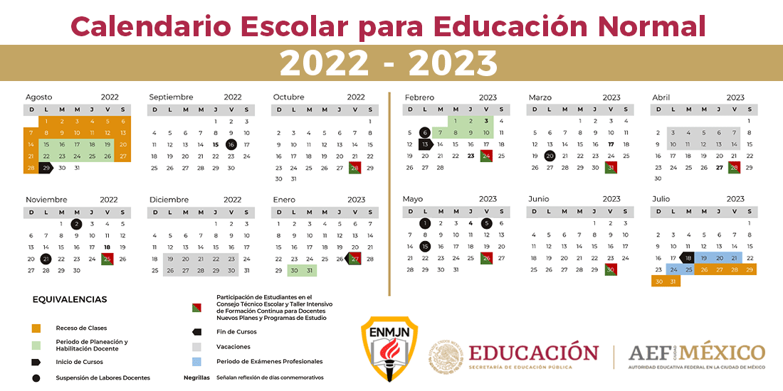 Calendario Escolar para Educación Normal 2022-2023