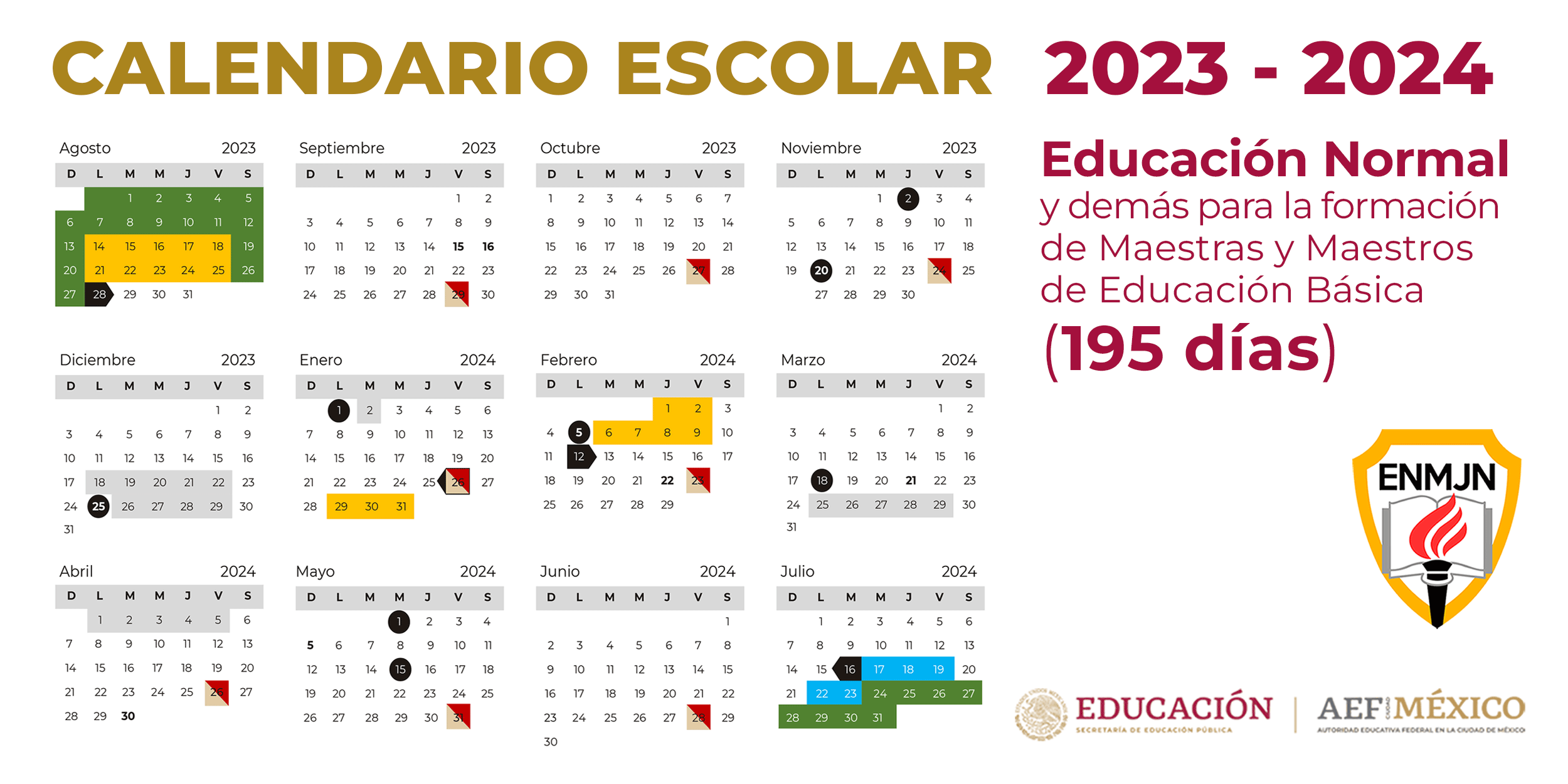 Calendario Escolar para Educación Normal 2023-2024